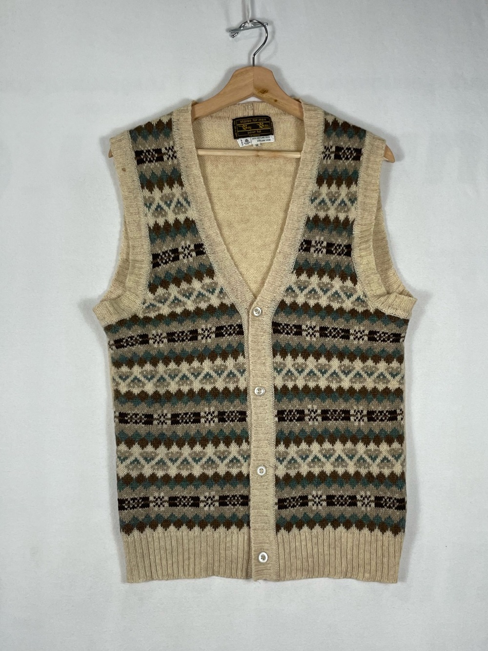 Vintage The Bay Pure Shetland Wool Button Sweater Vest Hong Kong Sz M